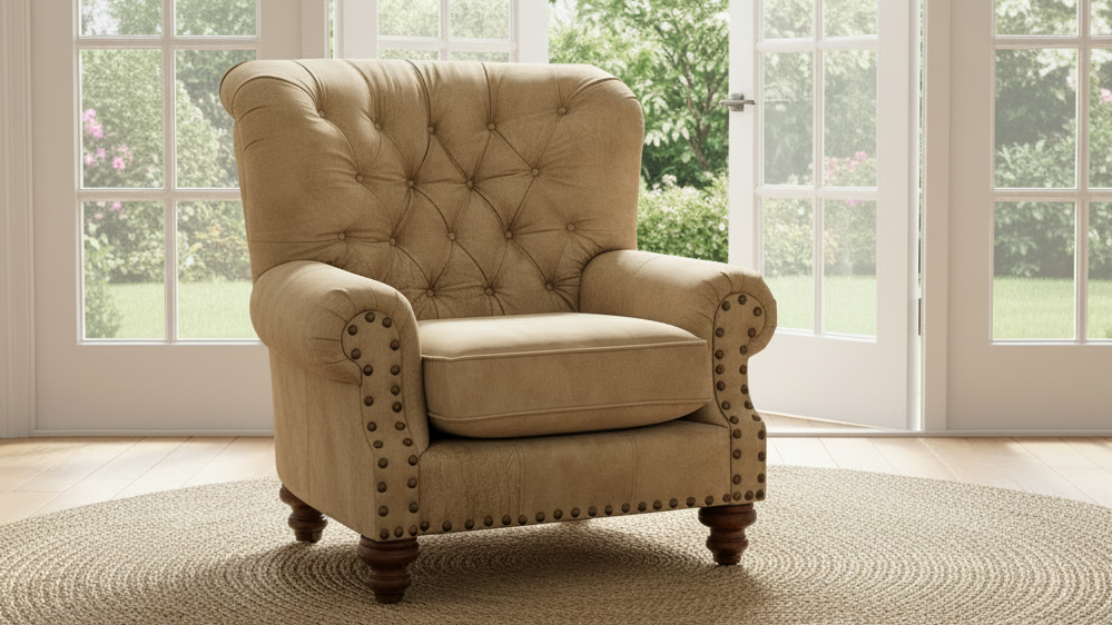 Beige armchair with tufted backrest in a room with large windows.