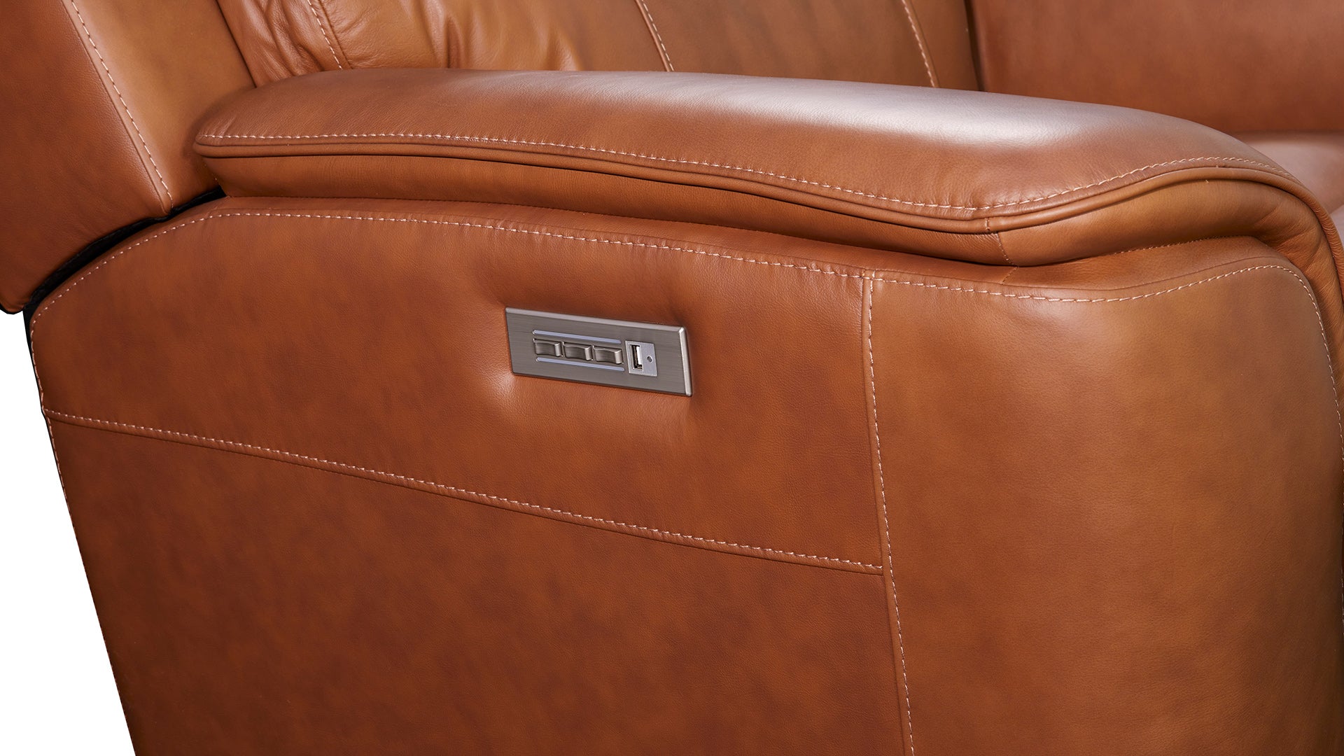 Sofá doble reclinable eléctrico Big Spring Saddle Brown Leather P3 con consola