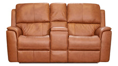 Sofá doble reclinable eléctrico Big Spring Saddle Brown Leather P3 con consola