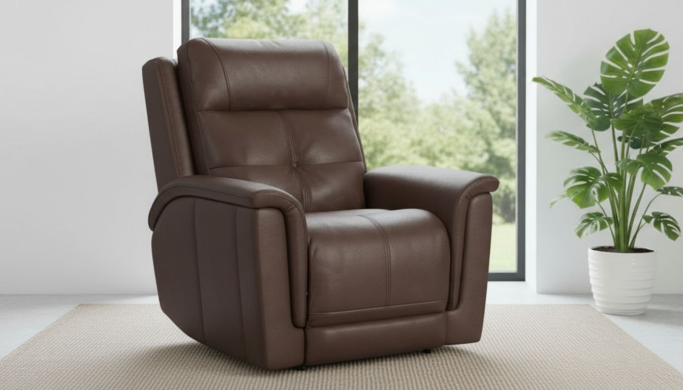 Sillón reclinable eléctrico «Zero Gravity» de cuero marrón de Cloud Nine Stitch – Sillón tapizado para salón | Gallery Furniture