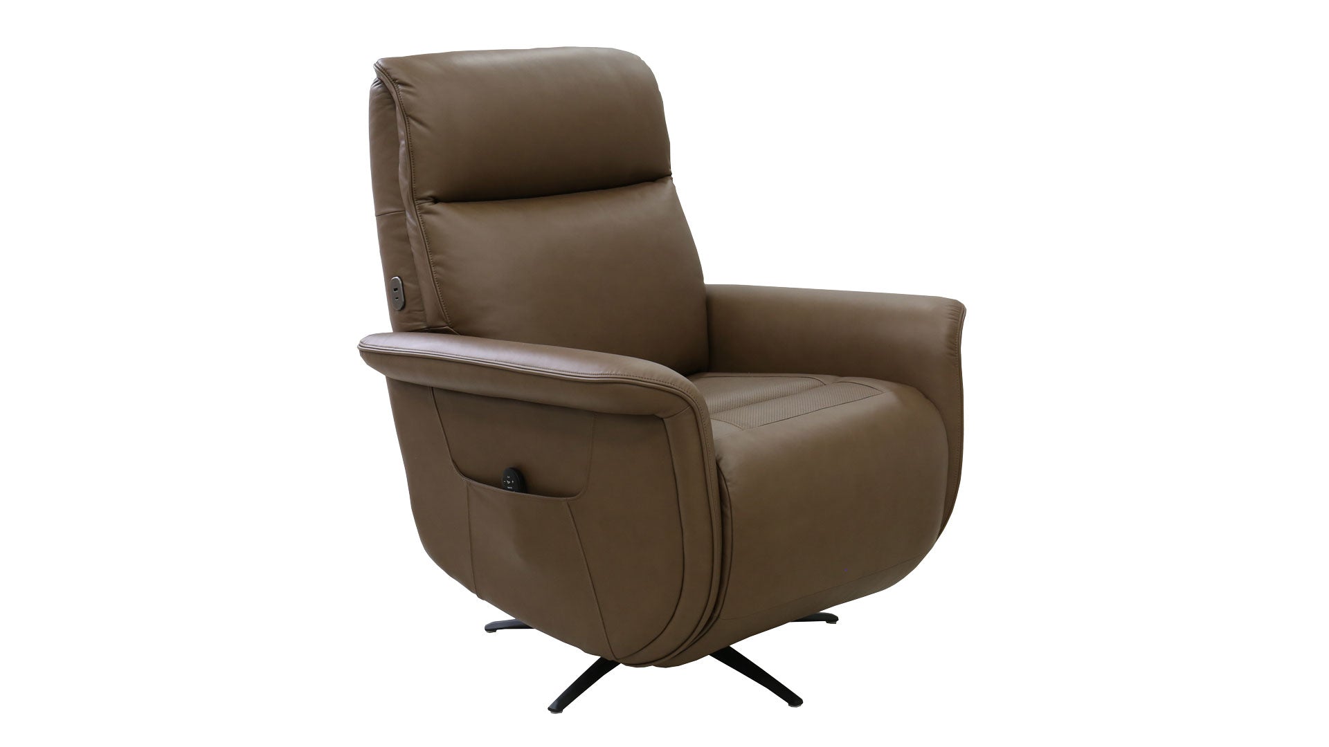 A brown upholstered recliner chair with a high back, padded armrests, and a black swivel base, shown on a plain white background.