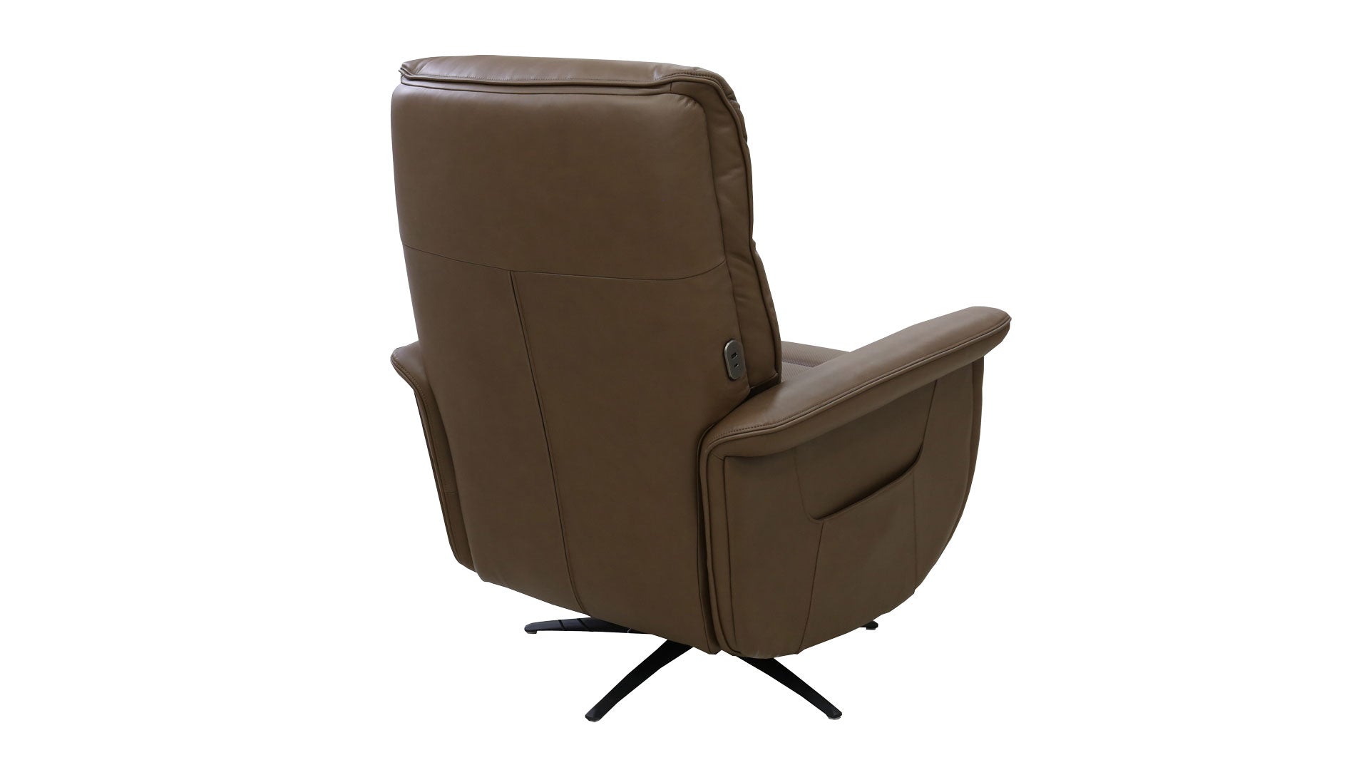 A brown upholstered recliner chair with a high back, padded armrests, and a black swivel base, shown on a plain white background.