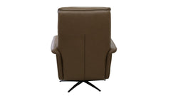 A brown leather swivel recliner chair with a black metal star base, shown from the back against a plain white background.