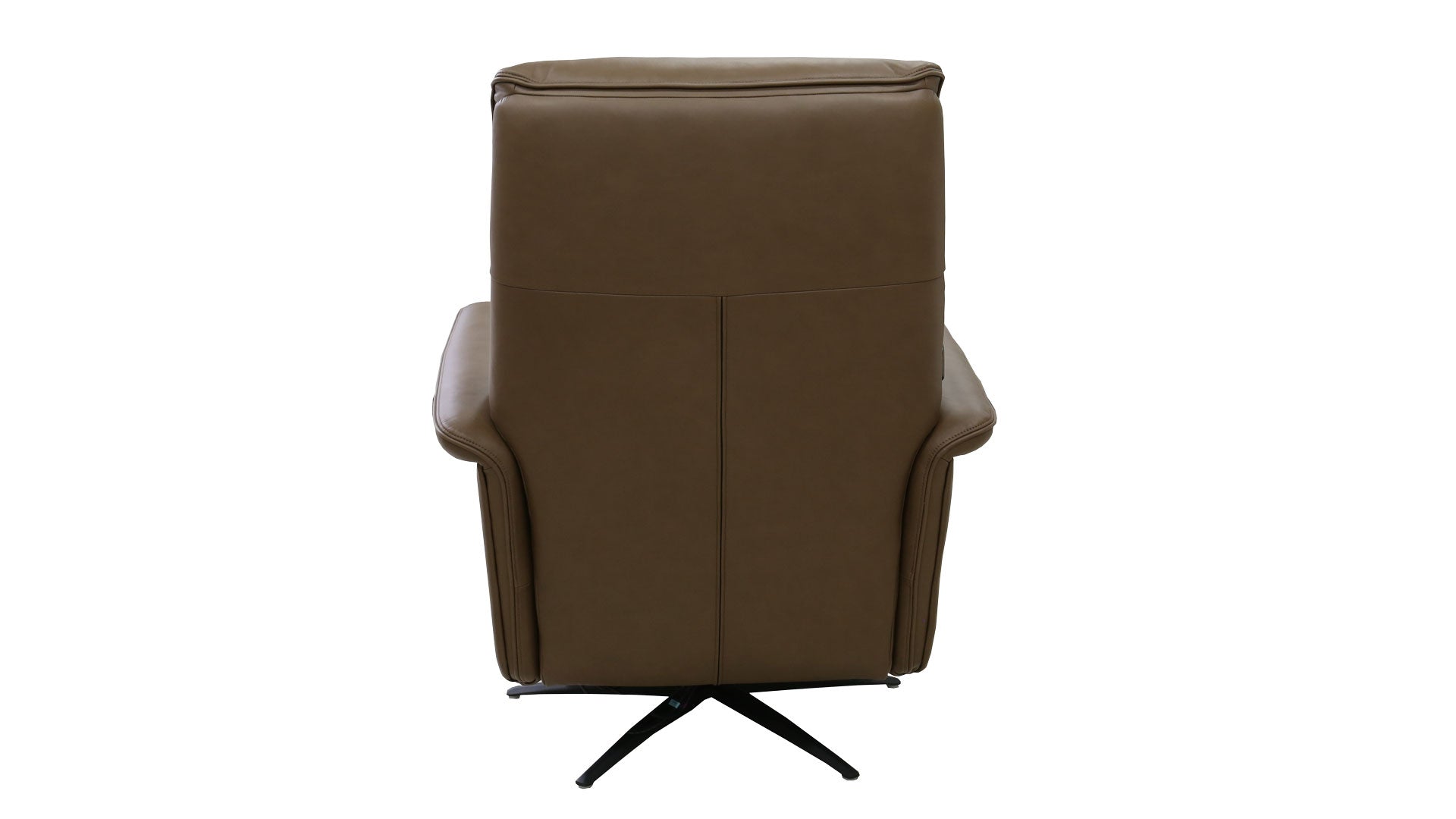 A brown leather swivel recliner chair with a black metal star base, shown from the back against a plain white background.