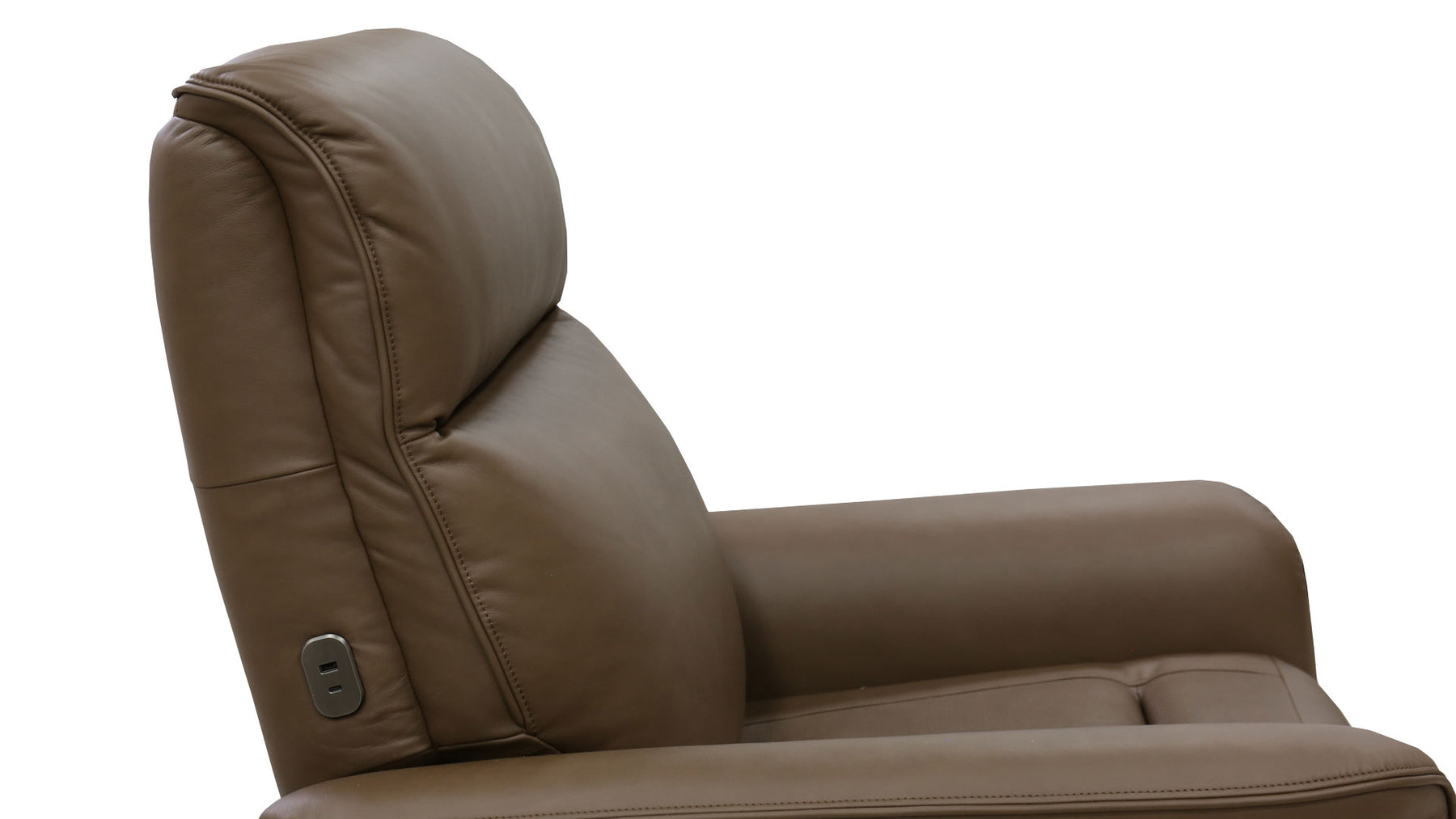 Brown leather recliner chair showing the backrest, armrest, and a small side control button on a plain white background.
