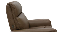 Brown leather recliner chair showing the backrest, armrest, and a small side control button on a plain white background.