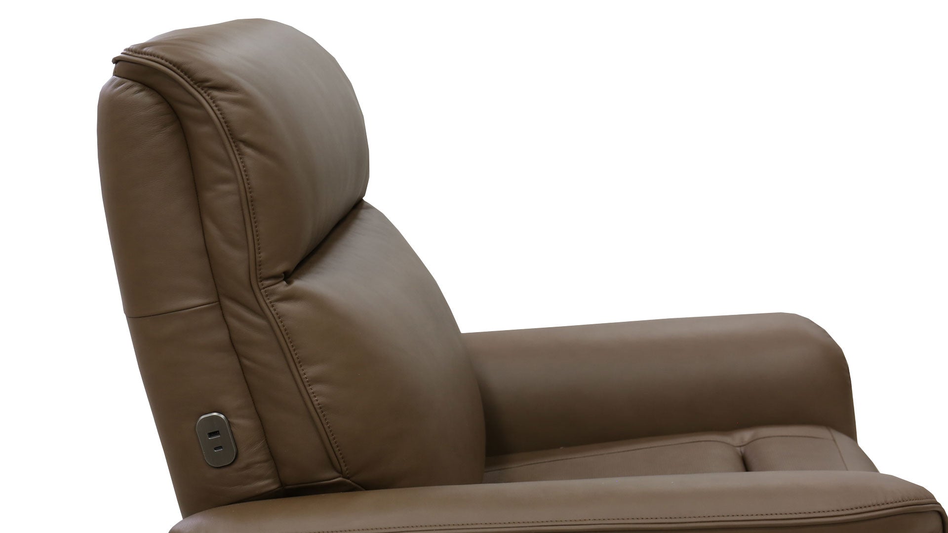Brown leather recliner chair showing the backrest, armrest, and a small side control button on a plain white background.