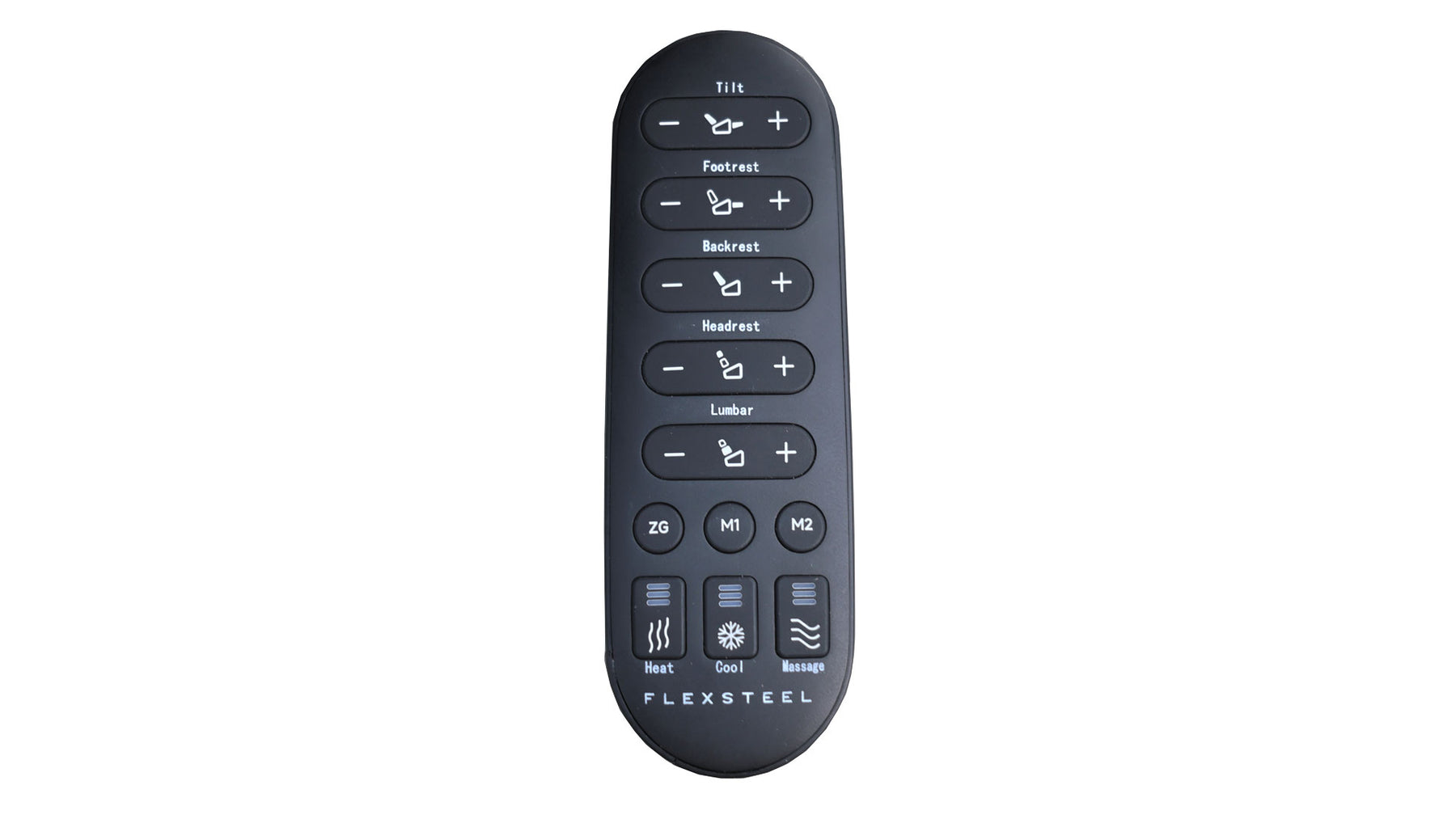 A black Flexsteel vehicle seat and climate control remote control with white button labels and icons, shown vertically against a plain white background.