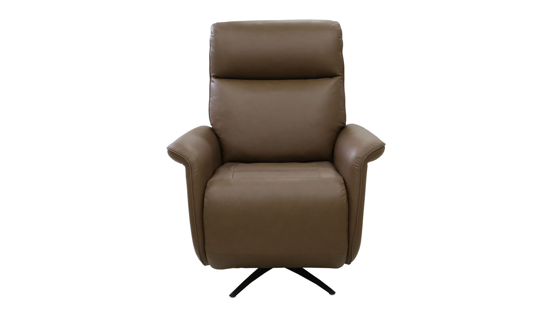 A brown faux leather recliner chair with a black swivel base, shown against a plain white background.