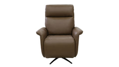 A brown faux leather recliner chair with a black swivel base, shown against a plain white background.