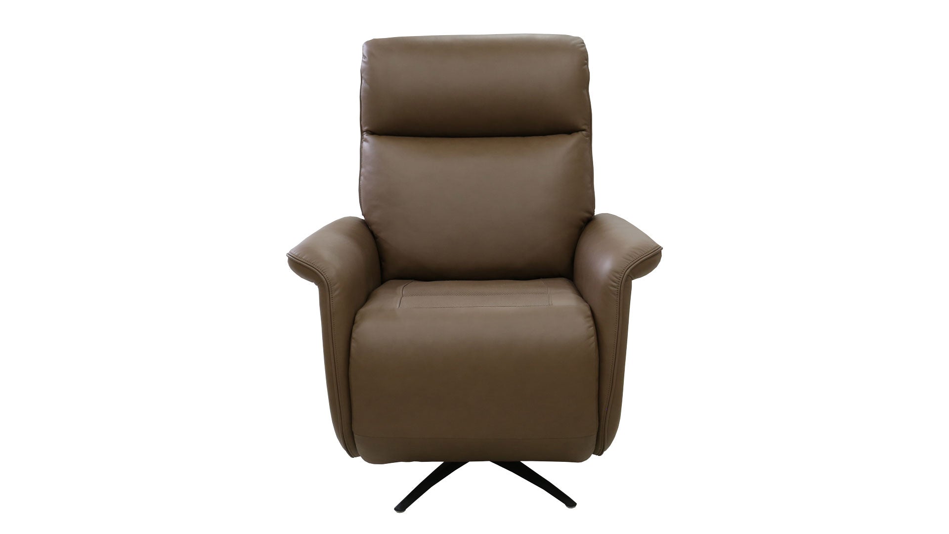 A brown faux leather recliner chair with a black swivel base, shown against a plain white background.