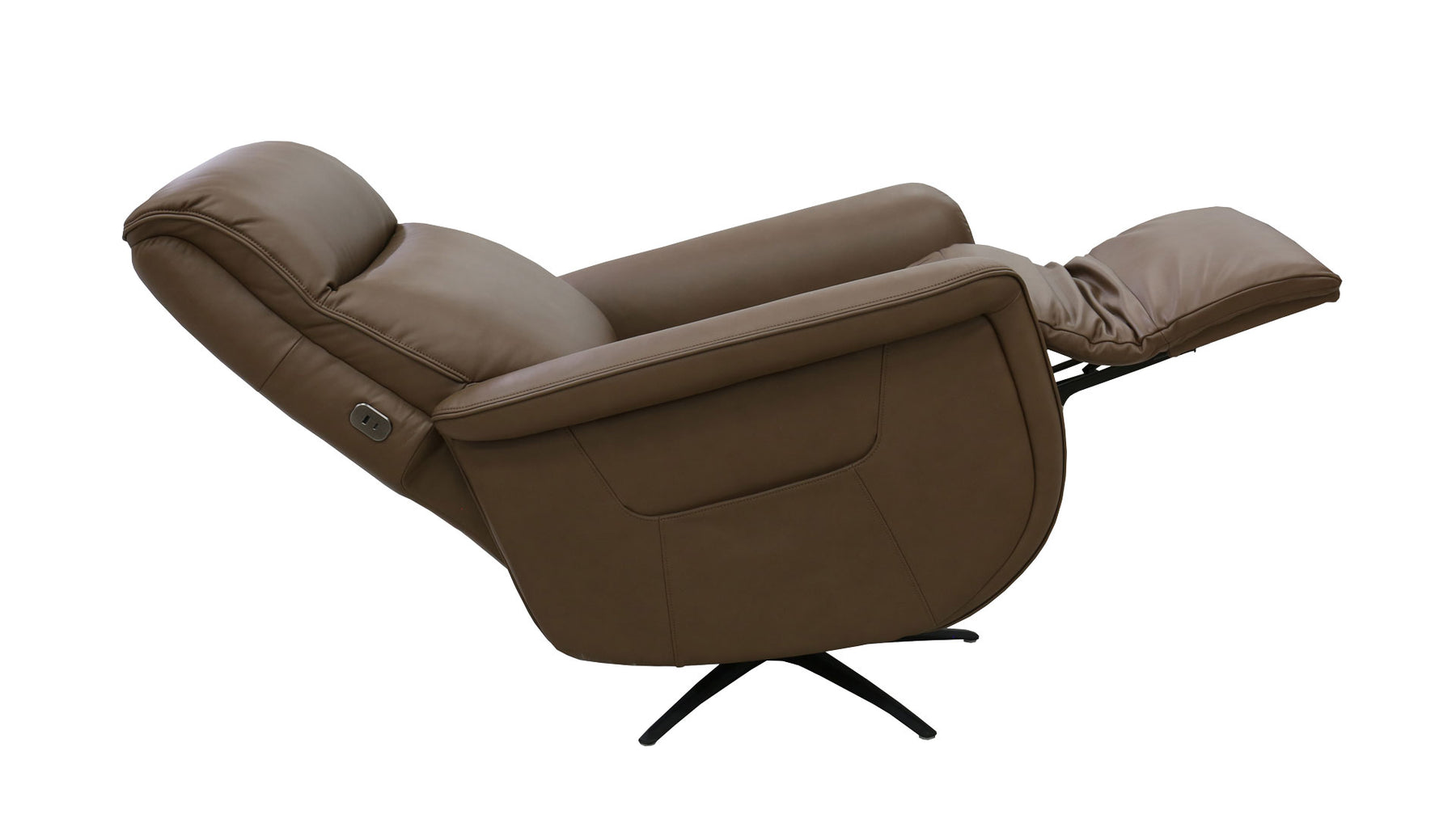 A brown leather recliner chair with the footrest extended, shown from a three-quarter angle on a white background.
