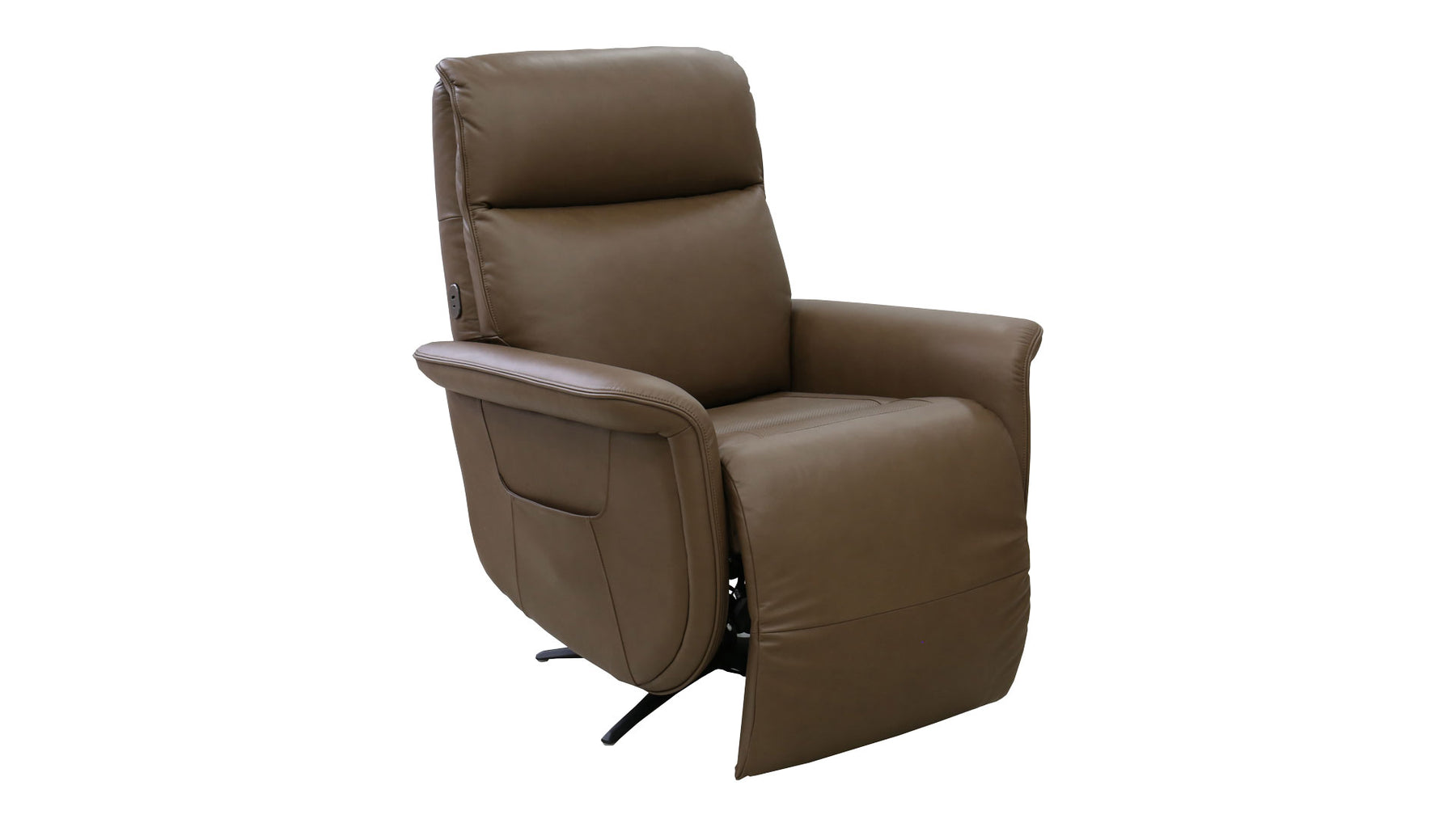A brown upholstered recliner chair with a high back, padded armrests, and a visible black metal tilt base, shown on a plain white background.