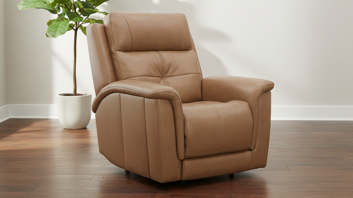 Sillón reclinable eléctrico «Heart Latte» de Mack, en cuero marrón y con sistema Zero Gravity – Sillón tapizado para salón | Gallery Furniture
