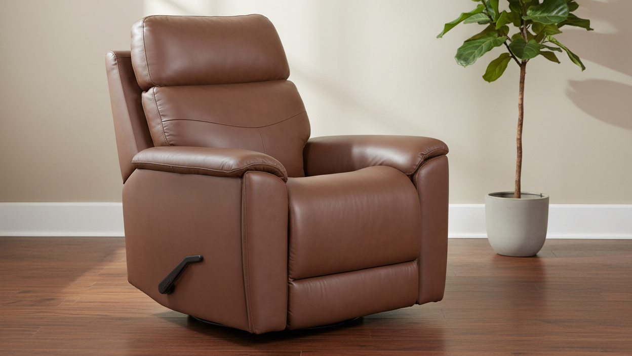 Sillón reclinable giratorio manual «Perfect Match» en cuero marrón nogal refinado – Sillón tapizado para salón | Gallery Furniture