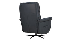 A dark gray upholstered recliner chair with a high back, side pocket, and black swivel base, shown on a plain white background.