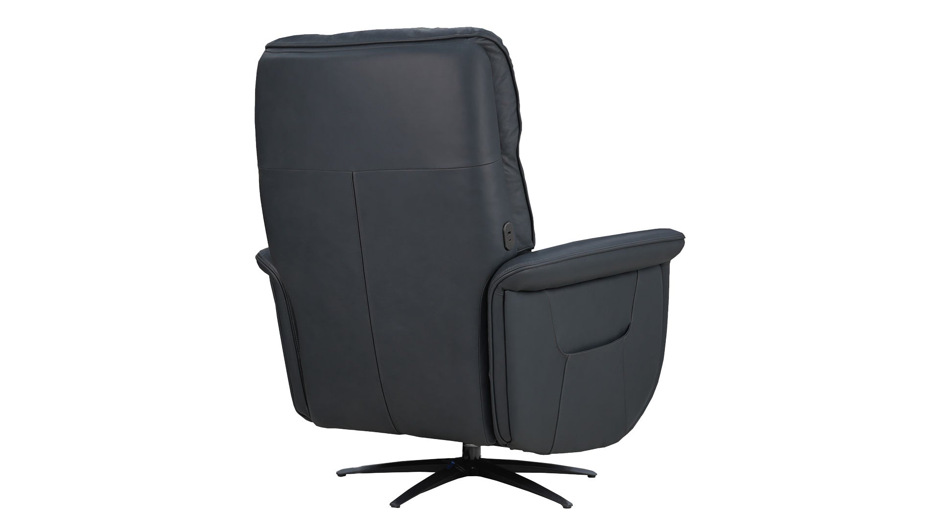 A dark gray upholstered recliner chair with a high back, side pocket, and black swivel base, shown on a plain white background.