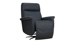 A modern black leather recliner chair with a matching footrest, shown from a three-quarter angle on a plain white background.