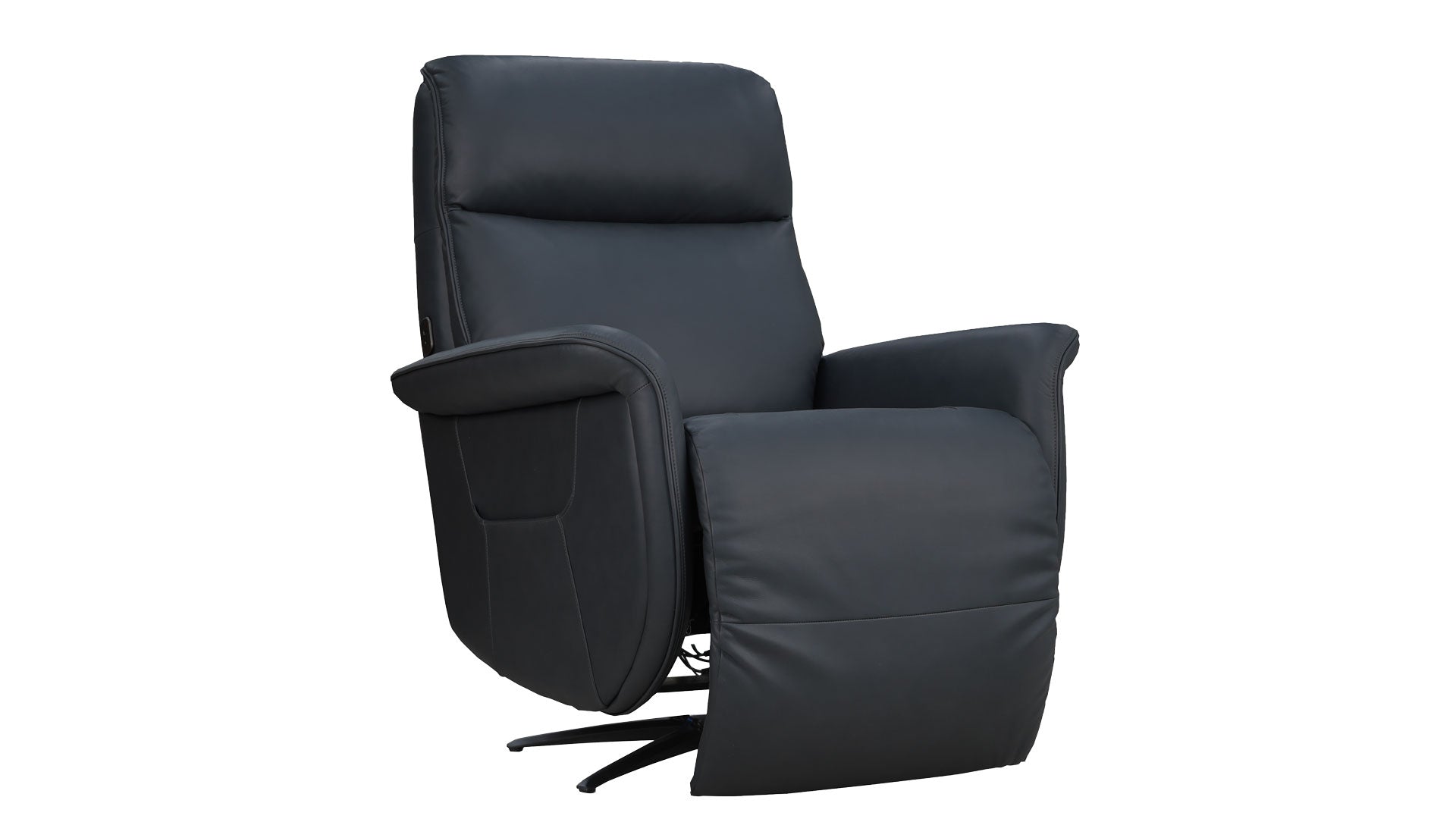 A modern black leather recliner chair with a matching footrest, shown from a three-quarter angle on a plain white background.