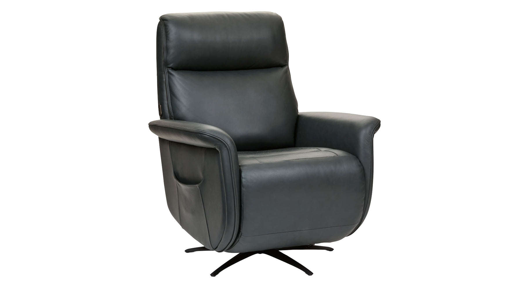 A black leather swivel recliner chair with a high backrest and a five-star base, shown against a plain white background.
