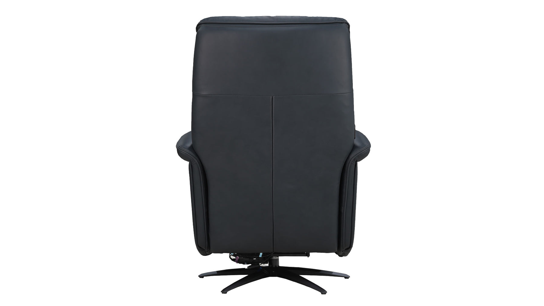 A black leather high-back office chair with a five-star swivel base, shown from the back against a plain white background.