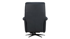 A black leather high-back office chair with a five-star swivel base, shown from the back against a plain white background.