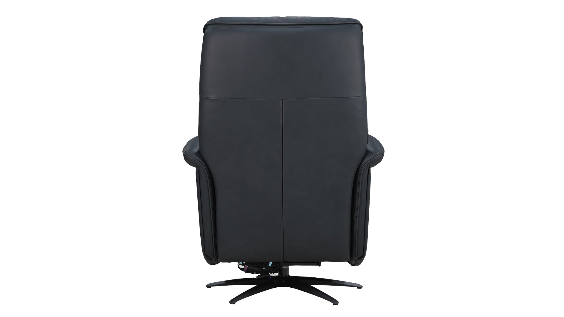 A black leather high-back office chair with a five-star swivel base, shown from the back against a plain white background.