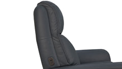 Close-up of a dark gray upholstered chair or recliner seat showing the backrest, armrest, and a small control button on a white background.