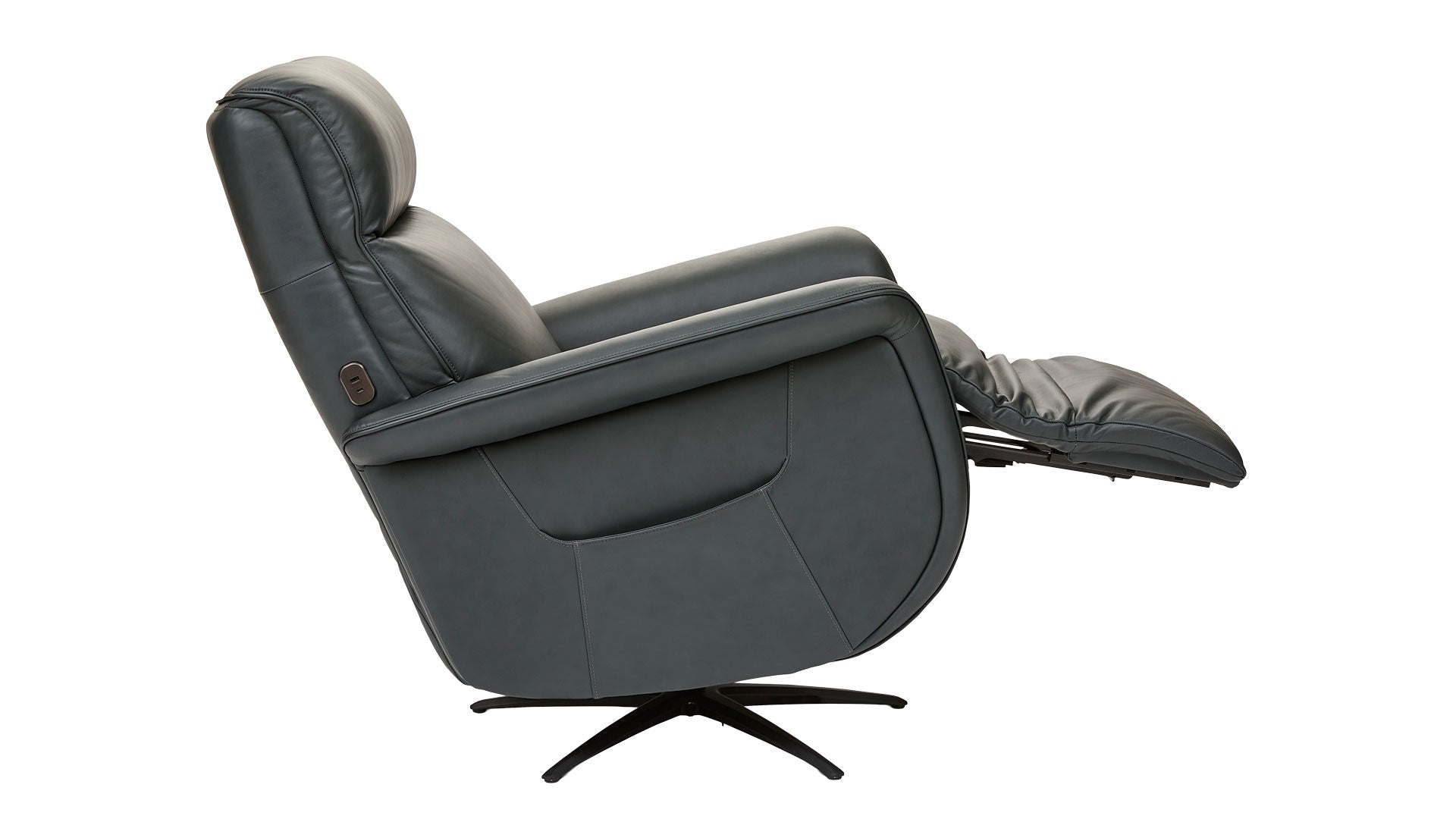 A dark gray leather recliner chair with its footrest extended, shown from a side profile view on a white background.