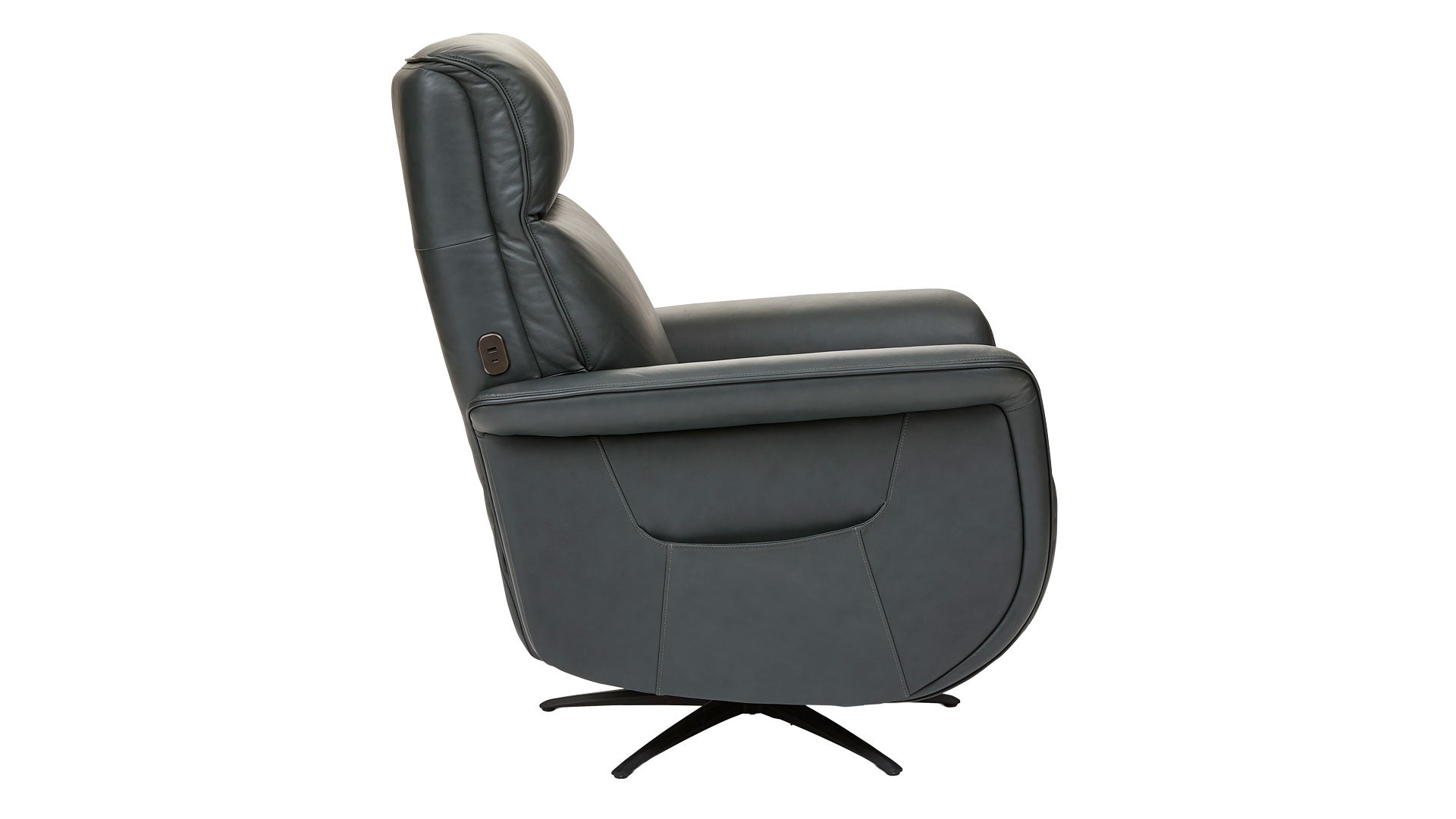 A dark gray upholstered swivel recliner chair with a black four-star base, shown from a side profile view against a plain white background.