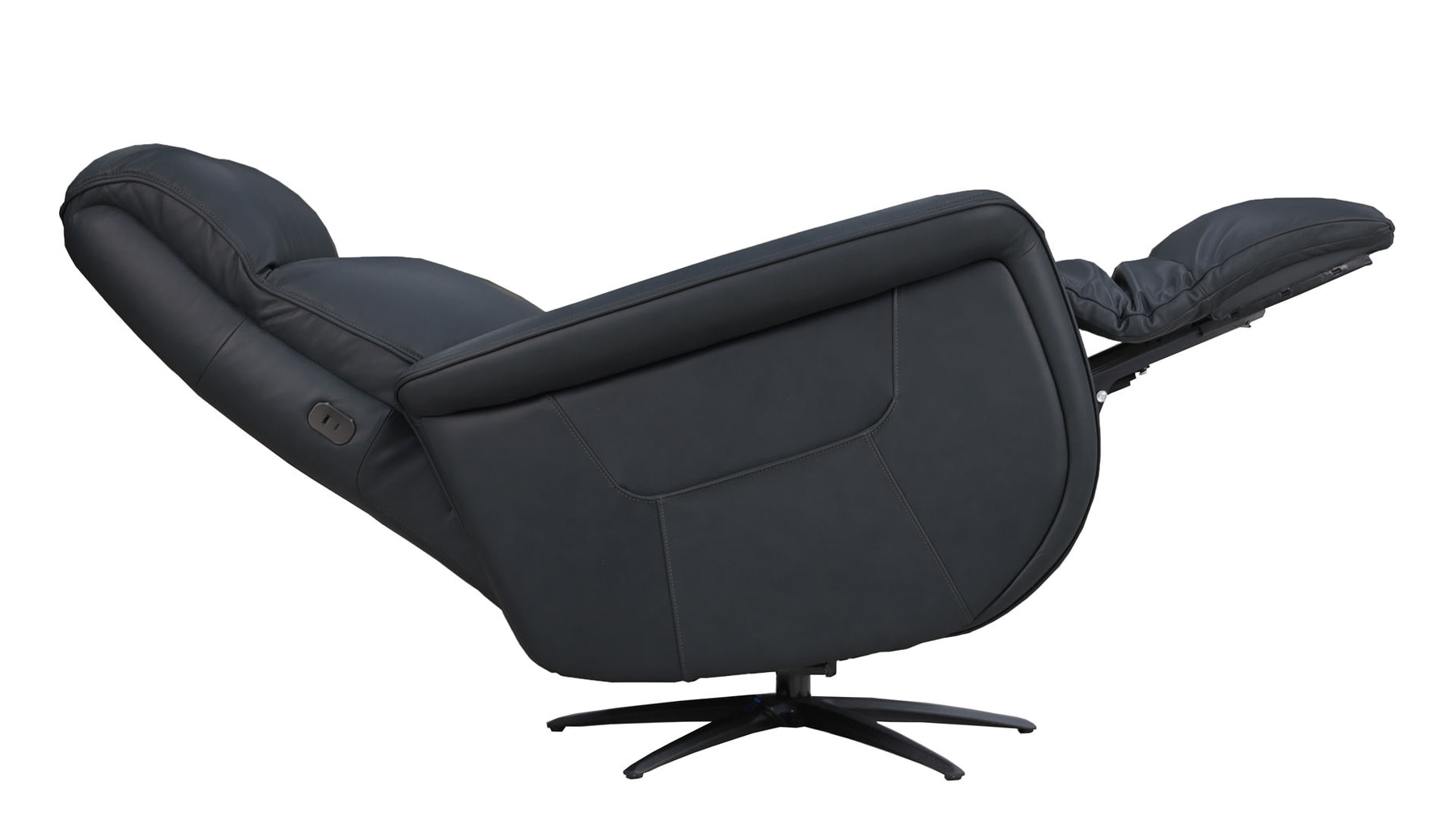 A black leather recliner chair with the footrest extended, shown from a side angle against a plain white background.