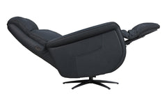 A black leather recliner chair with the footrest extended, shown from a side angle against a plain white background.