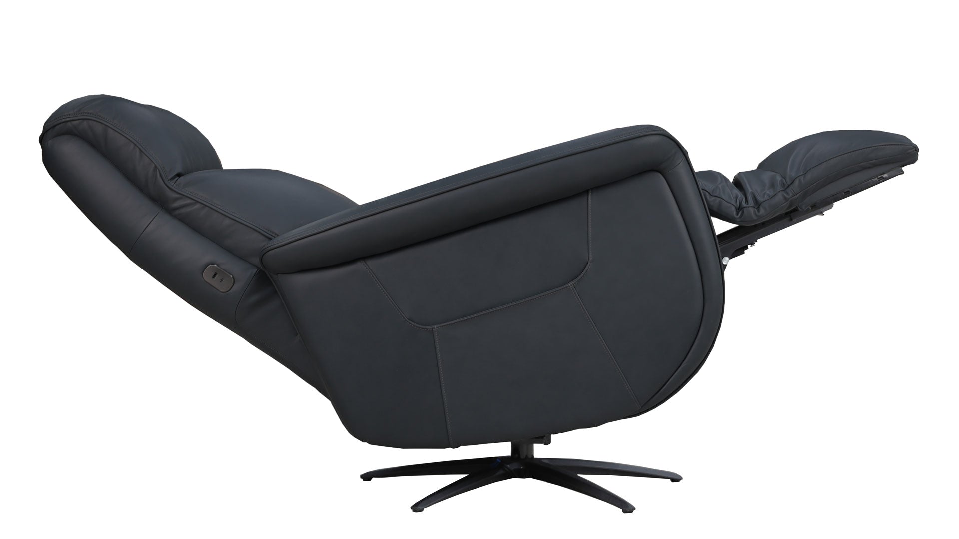 A black leather recliner chair with the footrest extended, shown from a side angle against a plain white background.