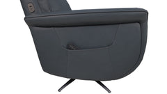 A dark gray upholstered recliner chair shown from the side against a plain white background, with a small side pocket holding a remote control.