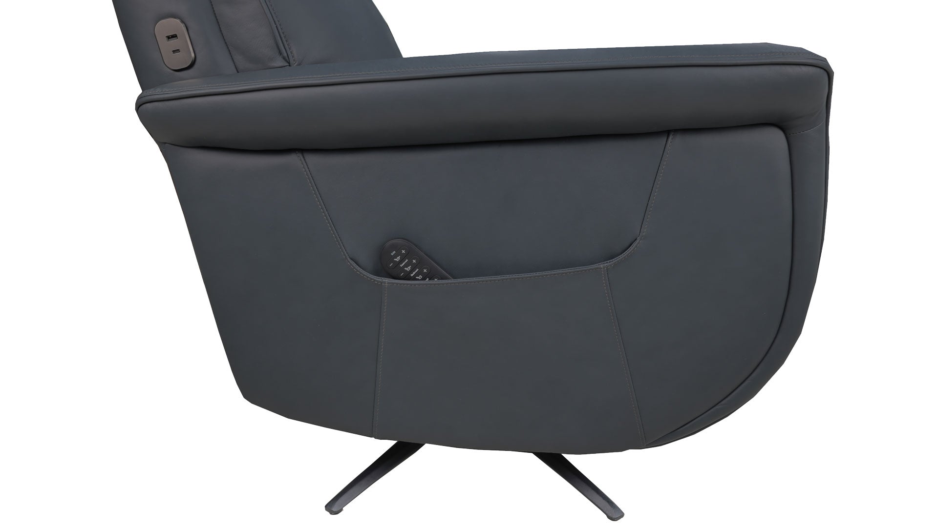 A dark gray upholstered recliner chair shown from the side against a plain white background, with a small side pocket holding a remote control.