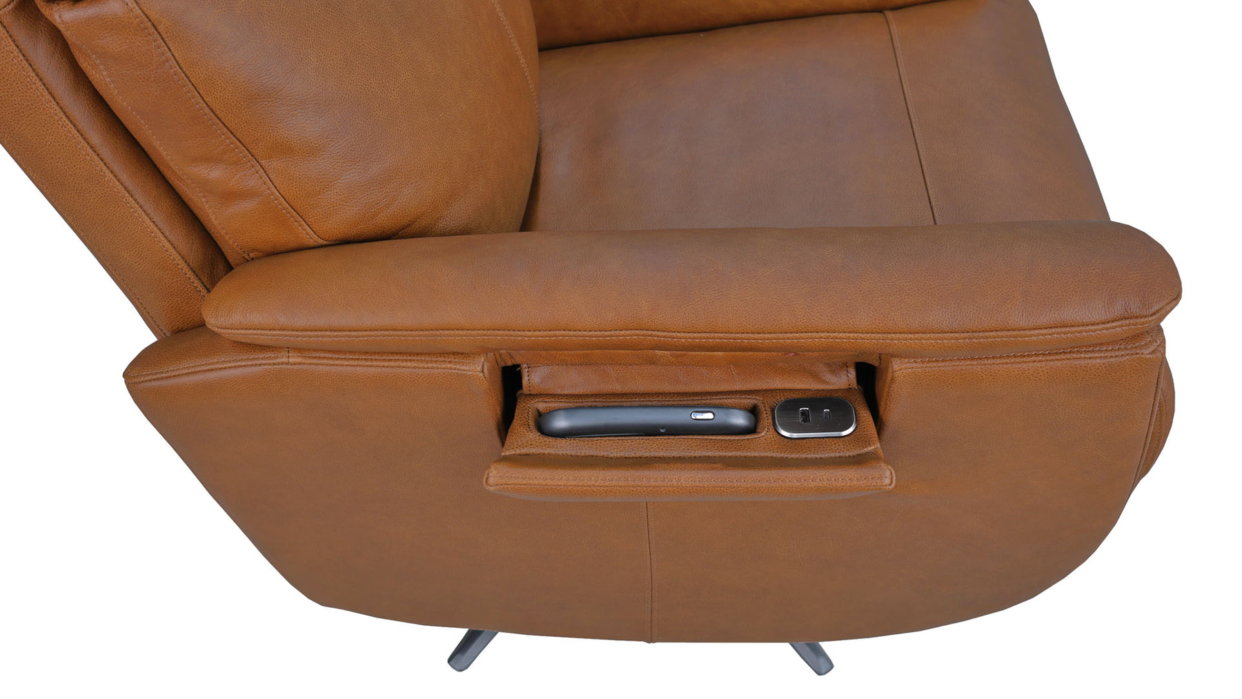 Close-up of a brown leather recliner chair showing the side pocket with a remote control, on a white background.