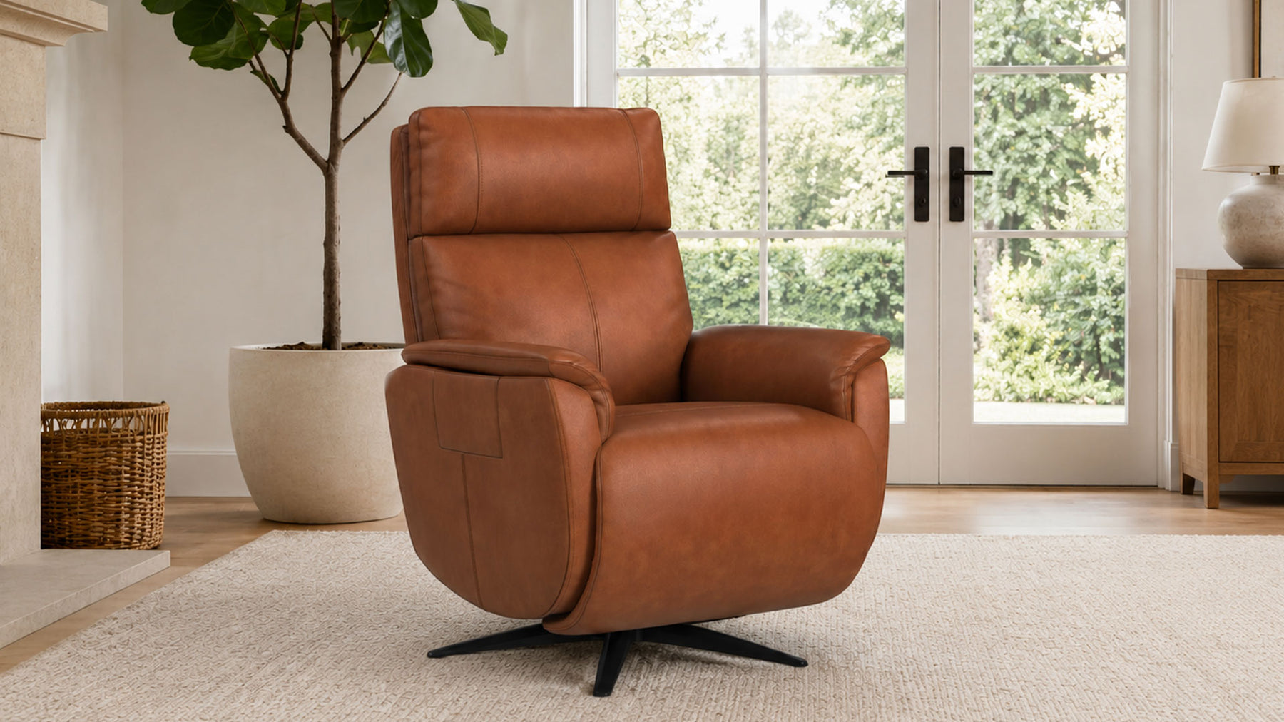 A brown leather swivel recliner chair with a black star base, positioned in a bright, modern living room with large windows, a potted plant, and a light-colored rug.