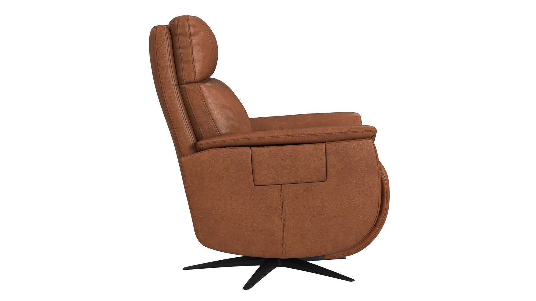 A brown leather recliner chair with a black swivel base, shown from a side profile view against a plain white background.