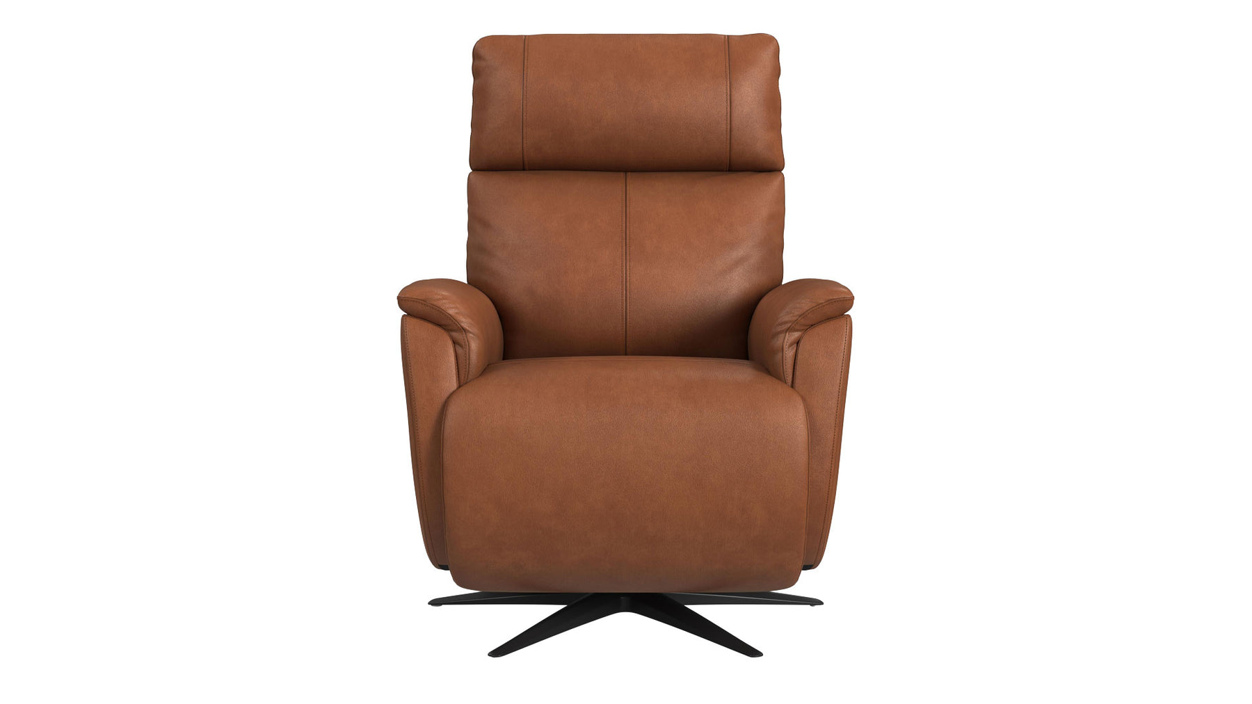 A brown leather recliner chair with a black swivel base, shown from the front against a plain white background.