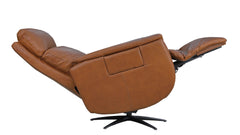 A brown leather recliner chair with a black swivel base, shown in a side profile with the footrest extended, on a solid white background.