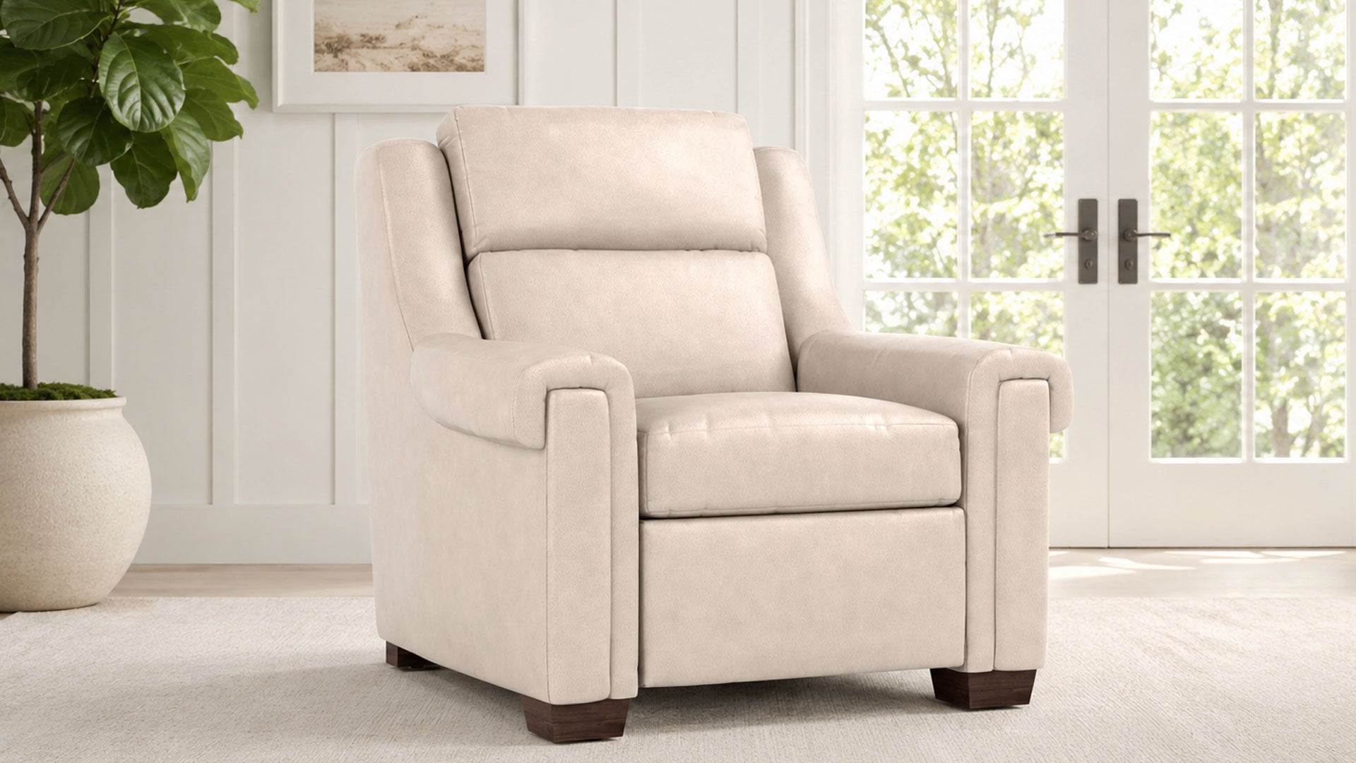 Sillón reclinable eléctrico de cuero de grano superior «Stickley Chester Sorrento Moonshine», que se adapta a la pared