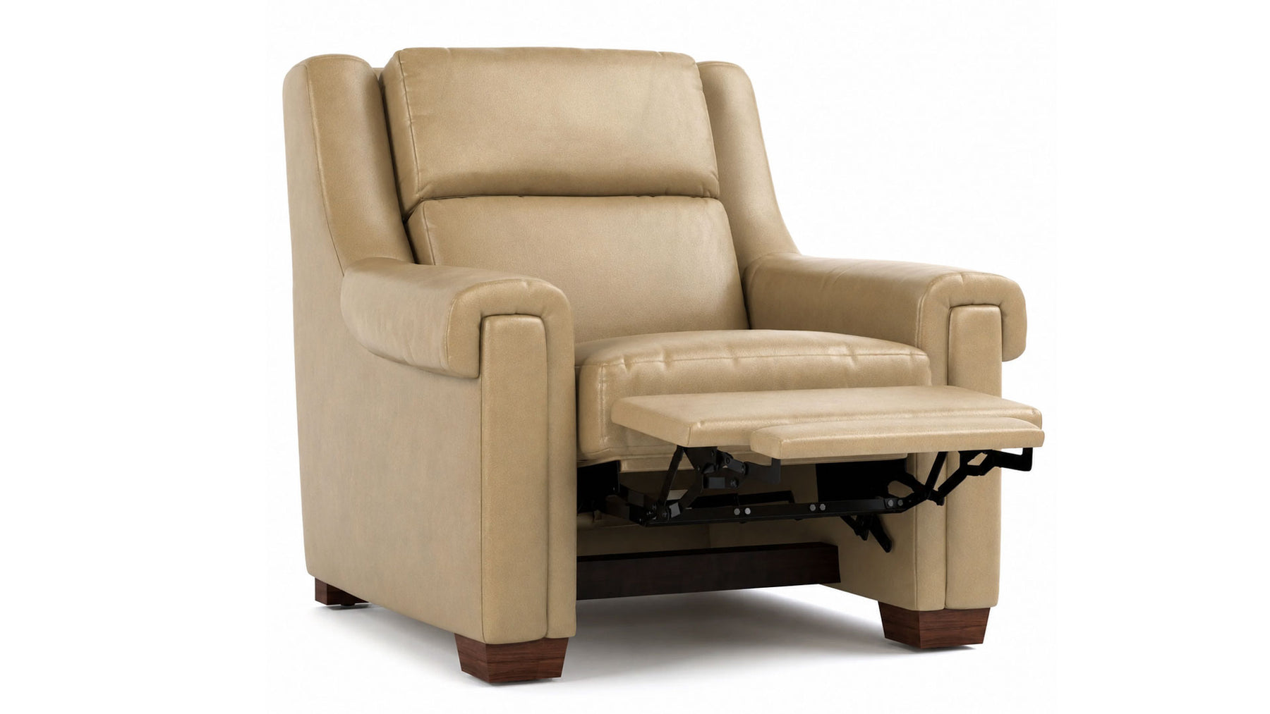 Sillón reclinable eléctrico Stickley Chester Futuro en piel de grano superior color topo, con diseño que se adapta a la pared