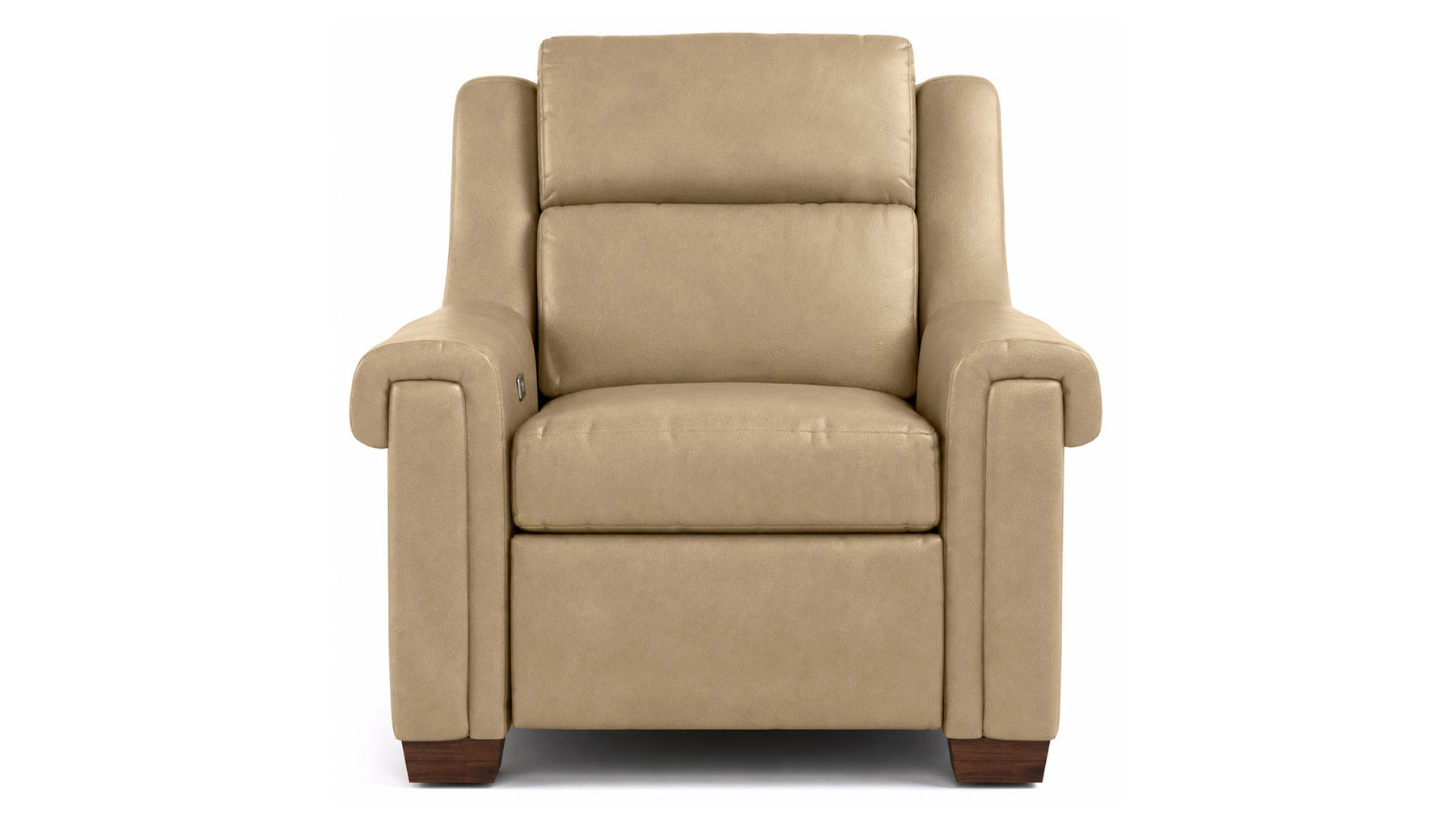 Sillón reclinable eléctrico Stickley Chester Futuro en piel de grano superior color topo, con diseño que se adapta a la pared