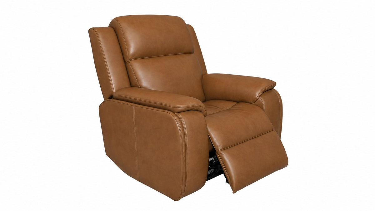 A brown leather recliner chair shown in a side profile view with the footrest extended, set against a plain white background.