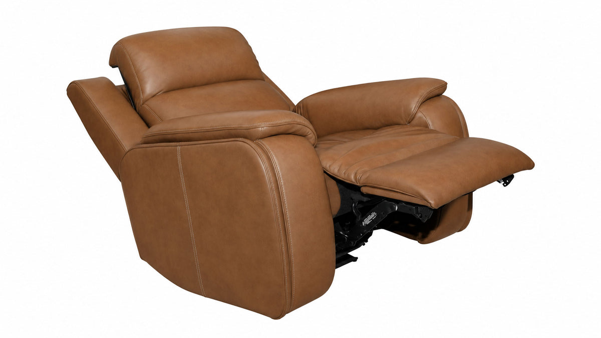 A brown leather recliner chair shown in a side profile view with the footrest extended, isolated on a white background.