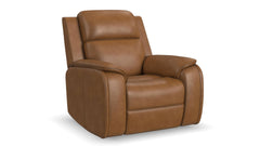 A brown leather recliner chair with padded armrests and a high back, shown on a clean white background.