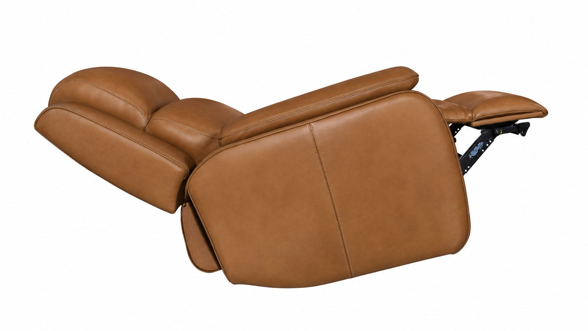 A tan leather recliner chair shown in a side profile view with the footrest extended, isolated on a white background.