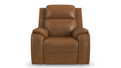 A brown leather recliner chair with padded armrests and a high back, shown from the front on a white background.
