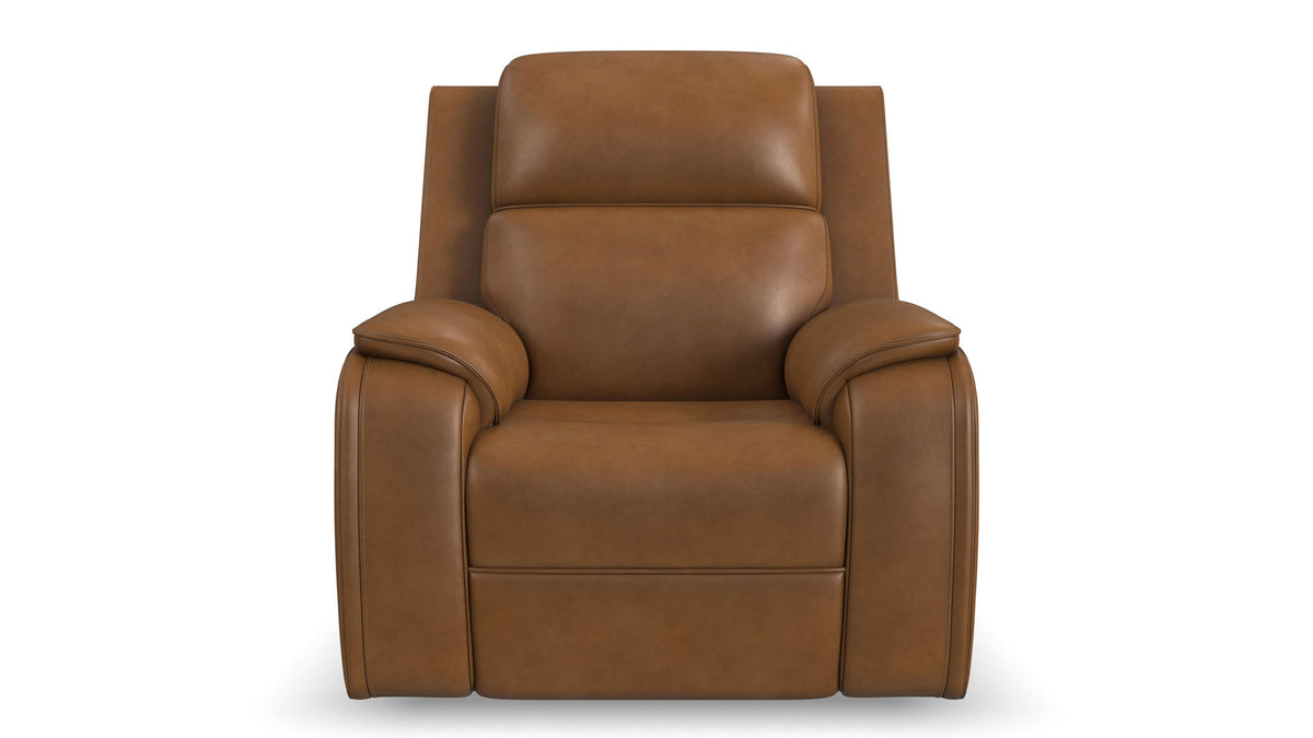 A brown leather recliner chair with padded armrests and a high back, shown from the front on a white background.