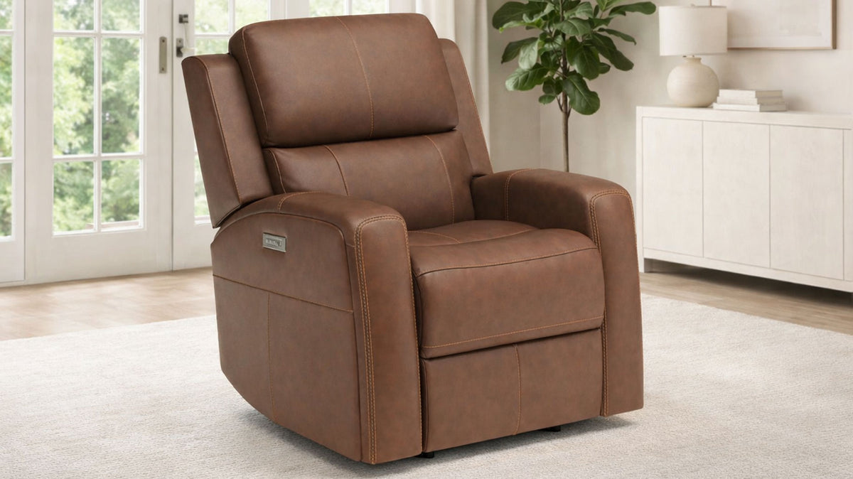 King Cowboy Saddle Brown Leather Match Power Recliner – Upholstered Living Room Chair| Gallery Furniture